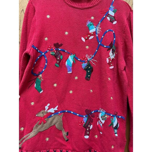 Vintage Christmas Sweater Reindeer Stockings Embroidered Red Size Large - Picture 3 of 5